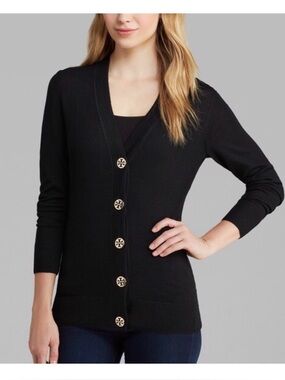Tory Burch Simone Merino Wool Cardigan Black Gold Buttons S
